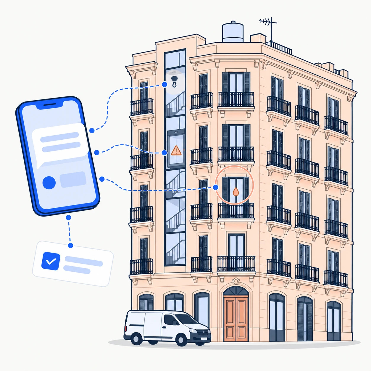 Ilustración: una finca del Eixample con tres incidencias (una fuga en un balcón, el ascensor parado y una bombilla fundida) conectadas a un móvil con WhatsApp y a un ticket registrado; delante, la furgoneta del técnico